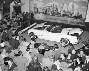 Black and white photo of the 1953 Chevrolet Corvette Mororama Show Car