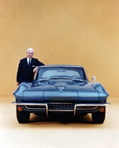 The late Argus-Duntov is shown with a 1966 Chevrolet Corvette.