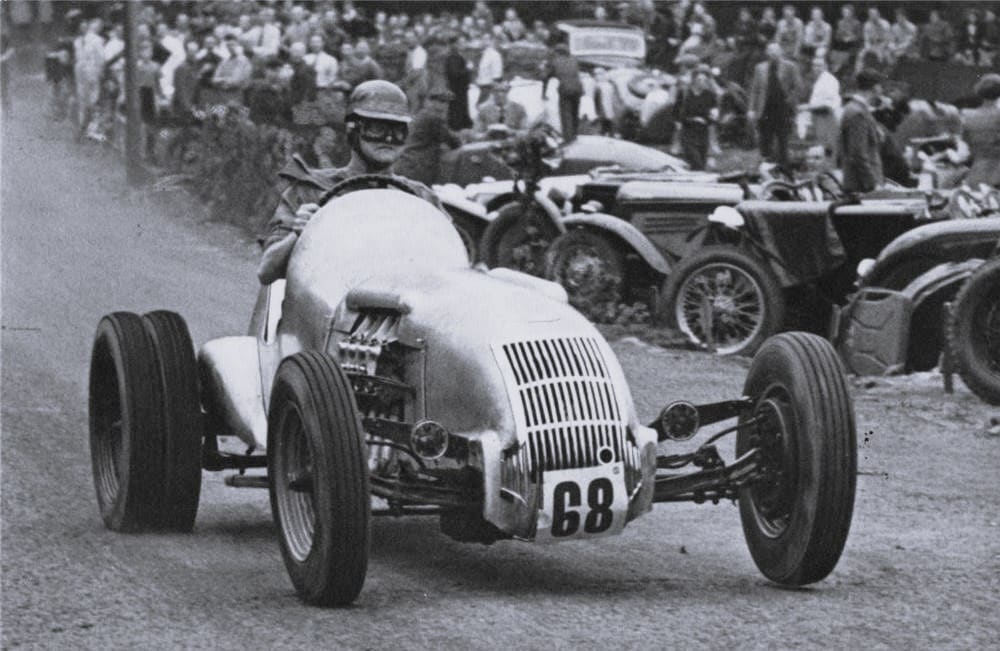 Sidney Allard - black and white photo of a 1949 Steyr Allard