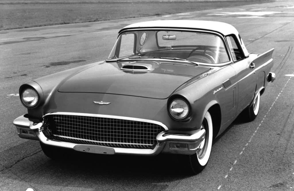 Black and white photo of a 1957 Ford Thunderbird