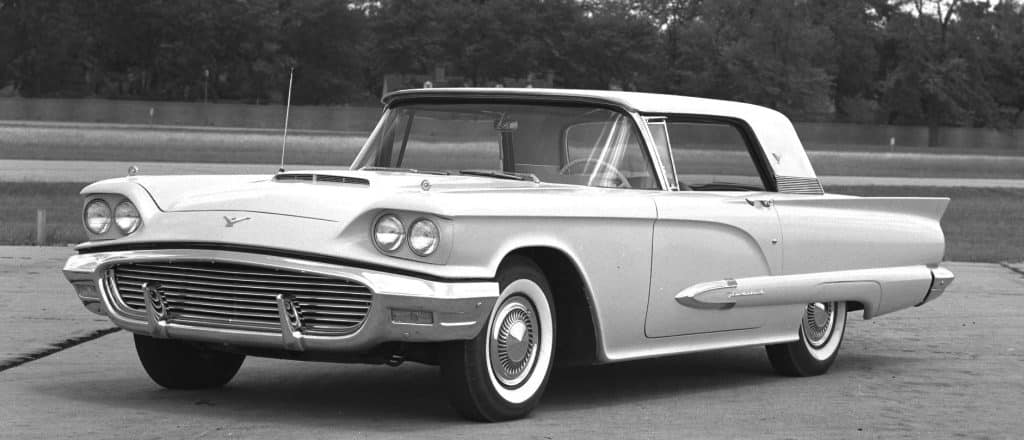 Black and white photo of a 1959 Ford Thunderbird