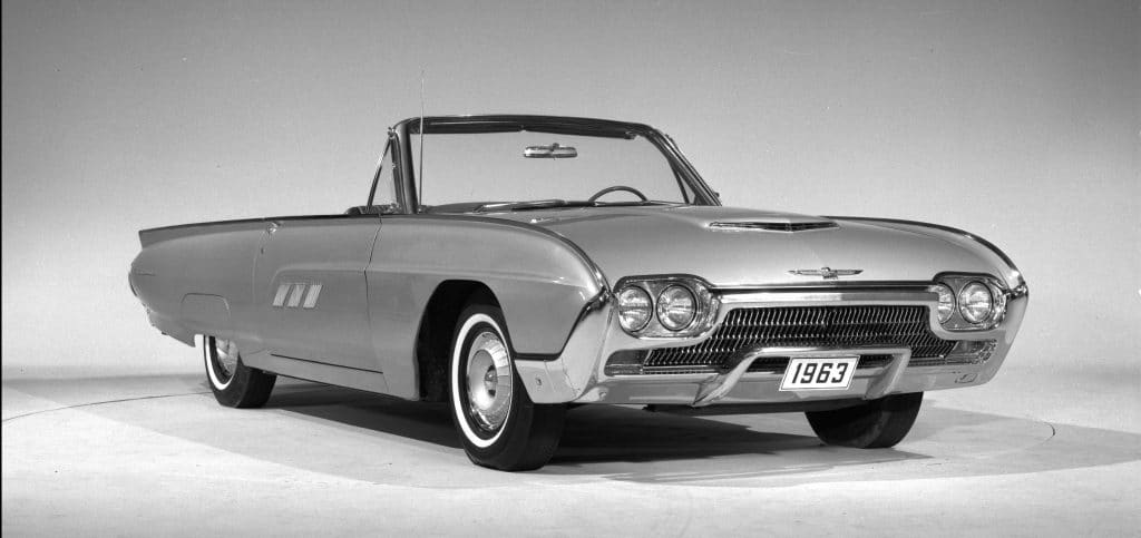 Black and white photo of a 1963 Ford Thunderbird