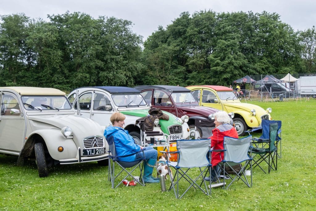 A row of different colour Citroen 2CV cars at a classic car show with people enjoying a picnic