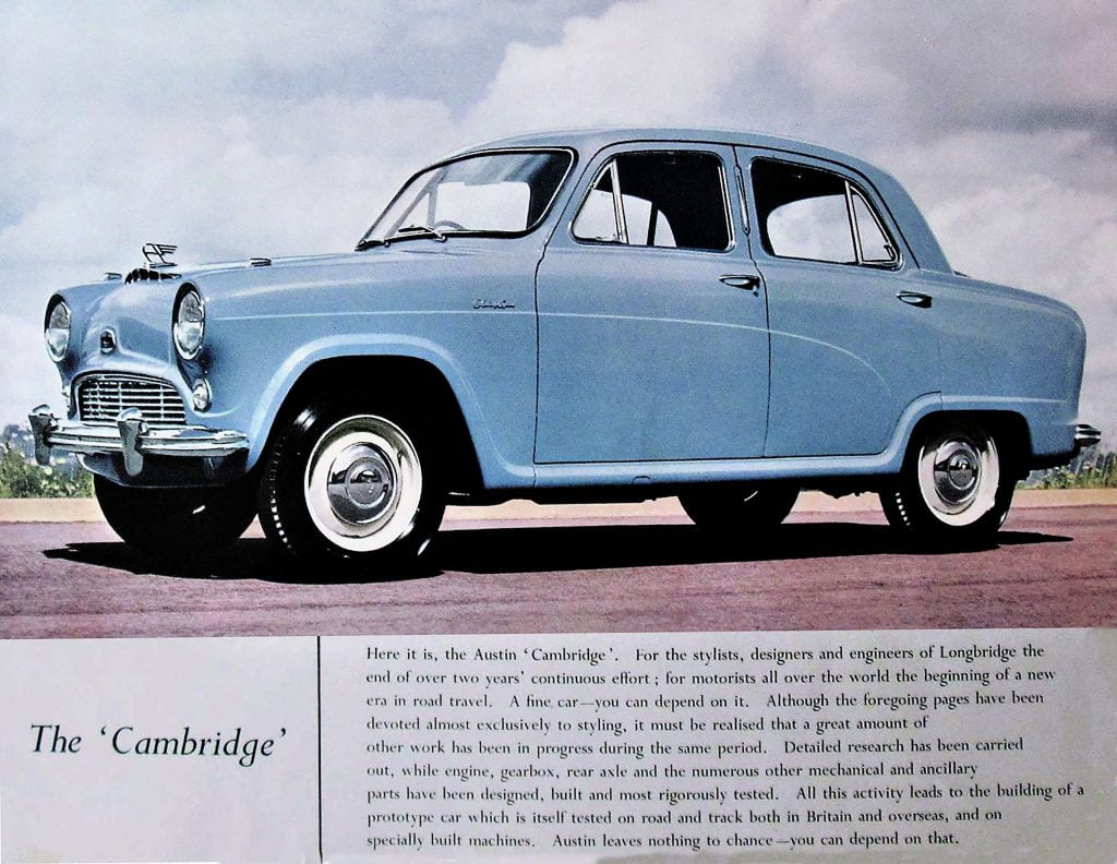 Advert featuring a light blue Austin Cambridge