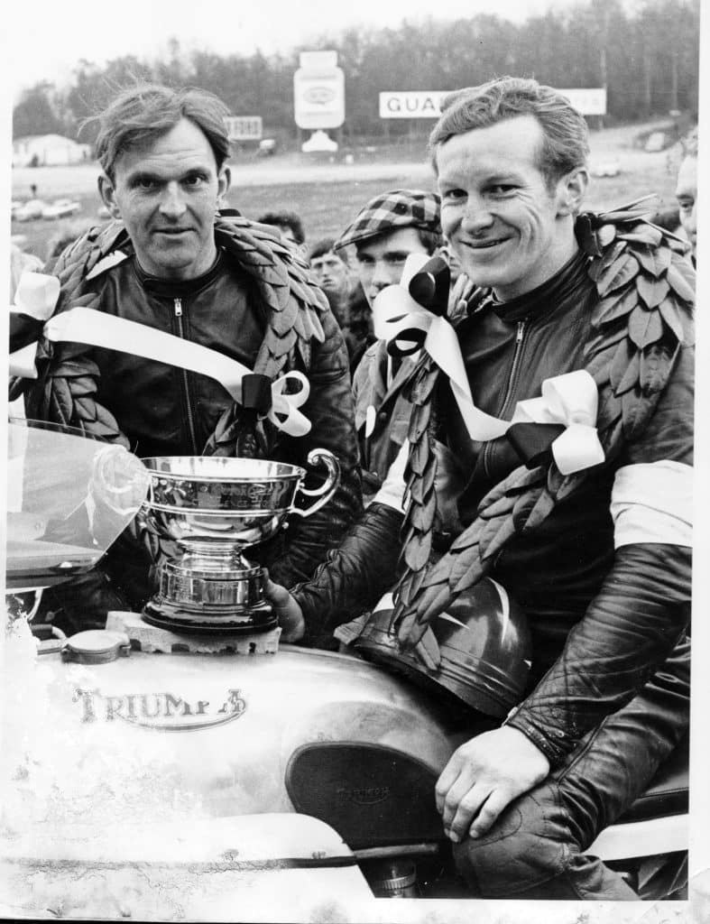 Black and white photo of Percy Tait (left) and Rod Gould (right) won the Brands Hatch 500 Mile Race in 1967