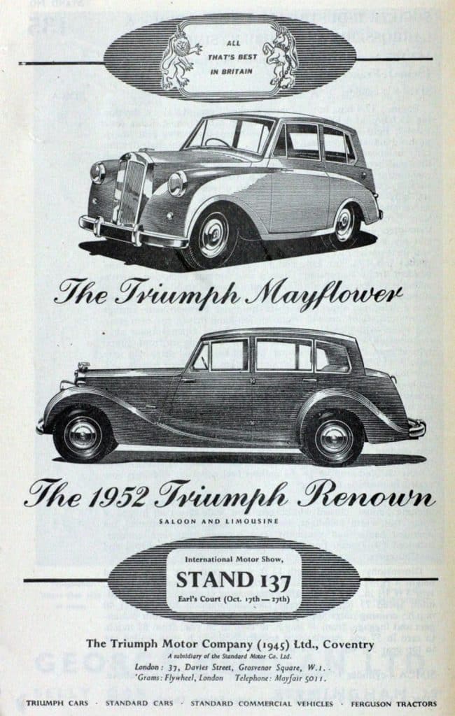 Black and white advert for the Triumph Renown and Triumph Mayflower