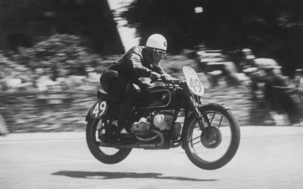 Black and white photo of Georg Meier and the BMW Type 255 took the 1938 European Championship