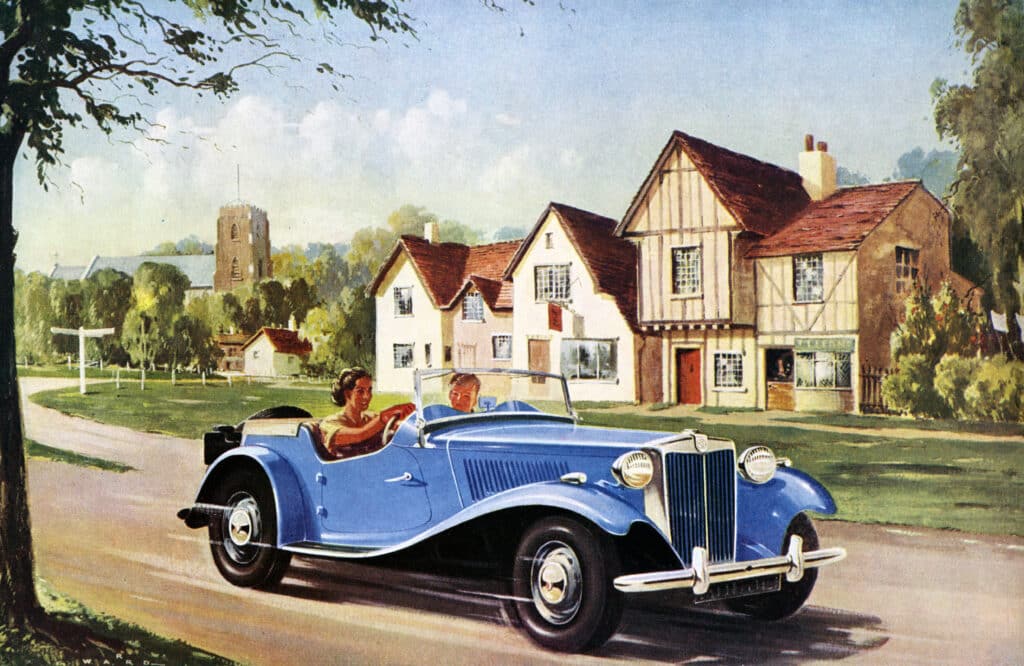 MG TD brochure illustrated image showing an idyllic English country scene