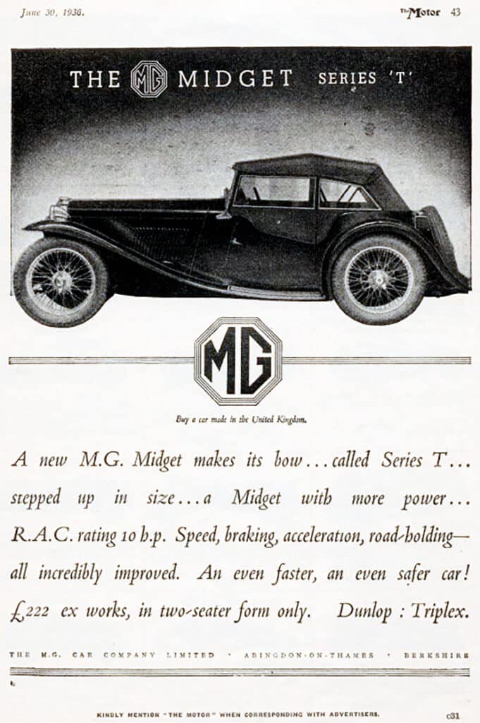 A black and white advert for the launch of the MG Midget Series T in 1936